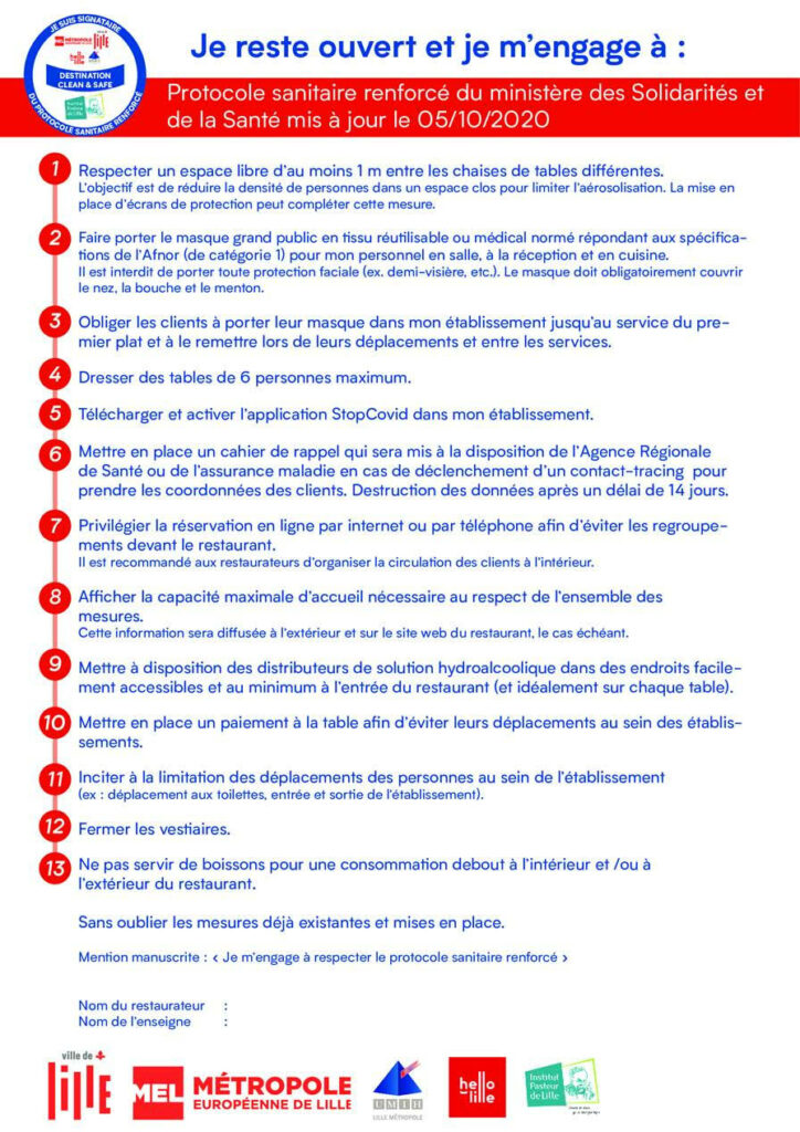 Le protocole sanitaire renforcé établi par la mairie à destination des restaurateurs comporte 13 points, le 5ème va vous étonner. // Source : Mairie de Lille