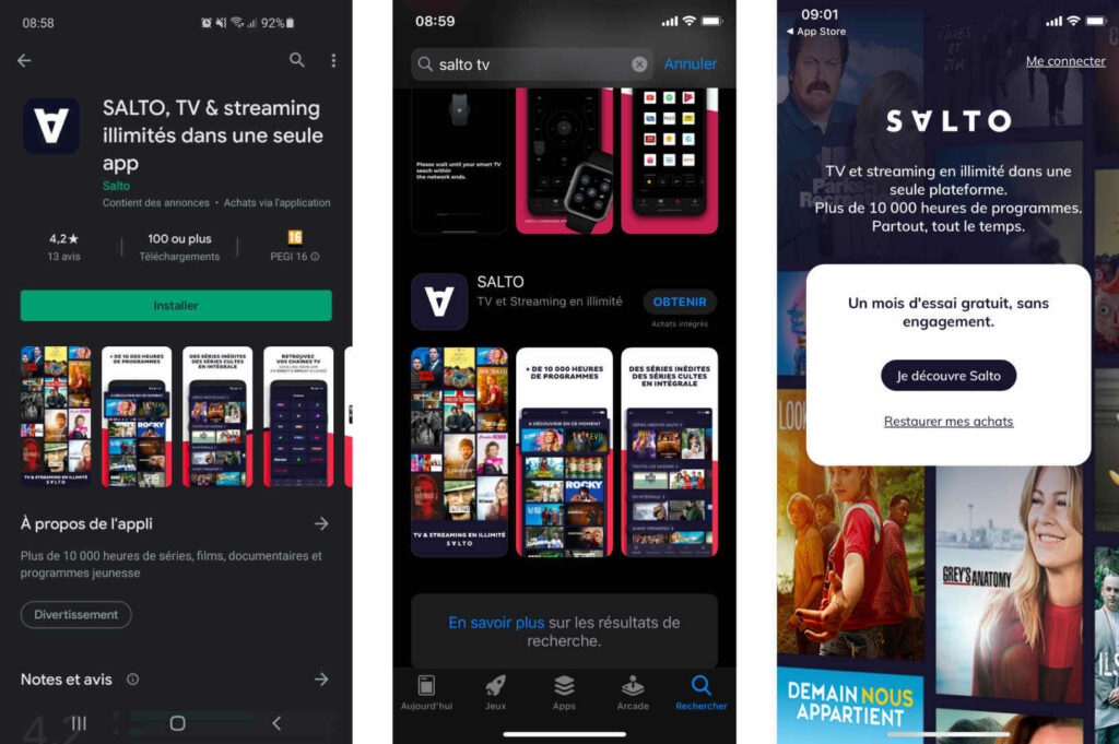 Salto sur Android (gauche) et iOS (milieu) Salto sur Android (gauche) et iOS (milieu)