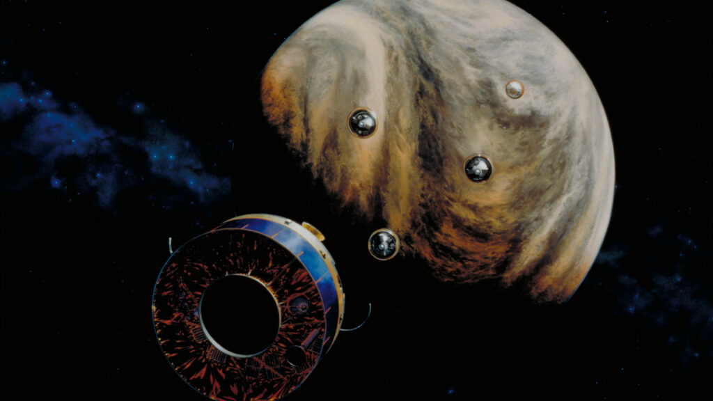 Vue d'artiste du largage des sondes Pioneer Venus Multiprobe. // Source : Nasa/Paul Hudson