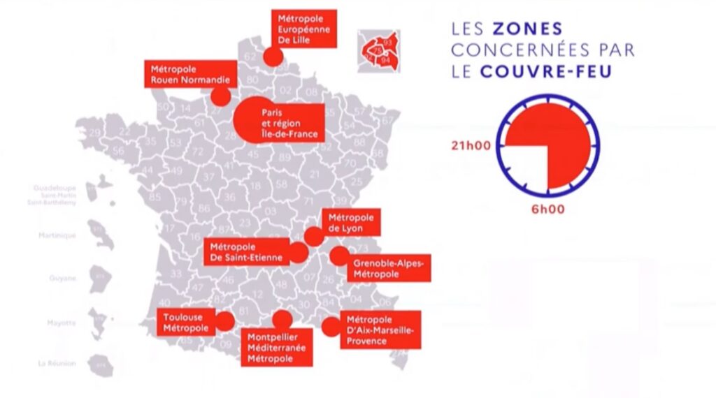 Carte des zones en "couvre-feu" en France le 17 octobre 2020. // Source : Gouvernement