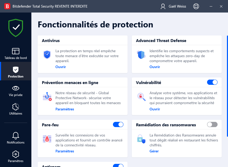 Les différents outils utilisés par Bitdefender Total Security pour protéger le PC de l'utilisateur.