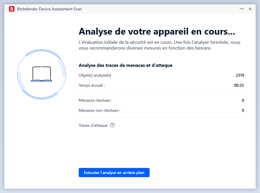 Au premier lancement de Bitdefender Total Security, l'antivirus va lancer une analyse sur la machine de l'utilisateur.