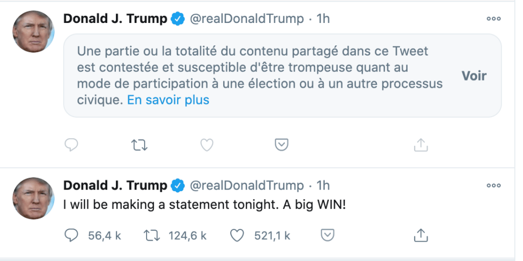 Capture d'écran des posts Twitter de Donald Trump le 4 novembre 2020