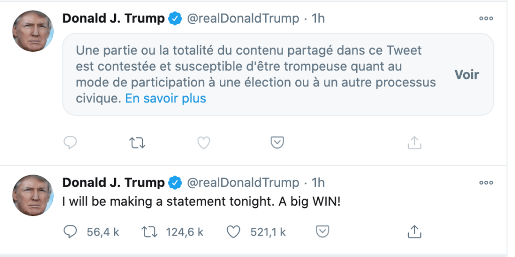 Capture d'écran des posts Twitter de Donald Trump le 4 novembre 2020 Capture d'écran des posts Twitter de Donald Trump le 4 novembre 2020