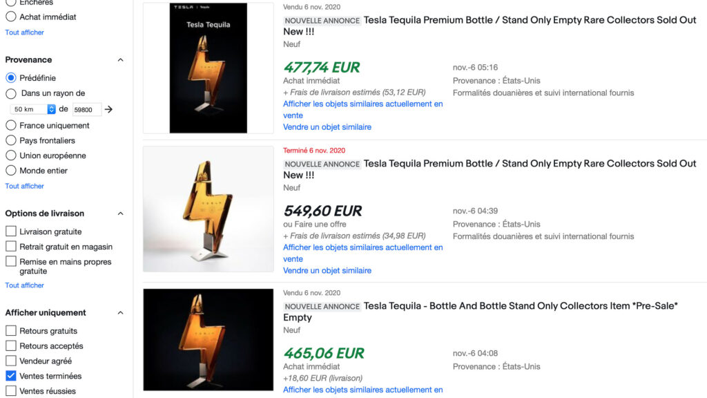 Tequila Tesla sur eBay (ventes réussies) // Source : Capture d'écran Tequila Tesla sur eBay (ventes réussies) // Source : Capture d'écran