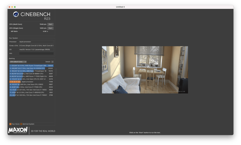 Le résultat Cinebench du Apple M1 en multi-cœurs // Source : Benchmark Numerama Le résultat Cinebench du Apple M1 en multi-cœurs // Source : Benchmark Numerama