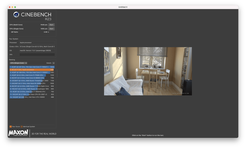 Le résultat Cinebench du Apple M1 en simple cœur // Source : Benchmark Numerama Le résultat Cinebench du Apple M1 en simple cœur // Source : Benchmark Numerama