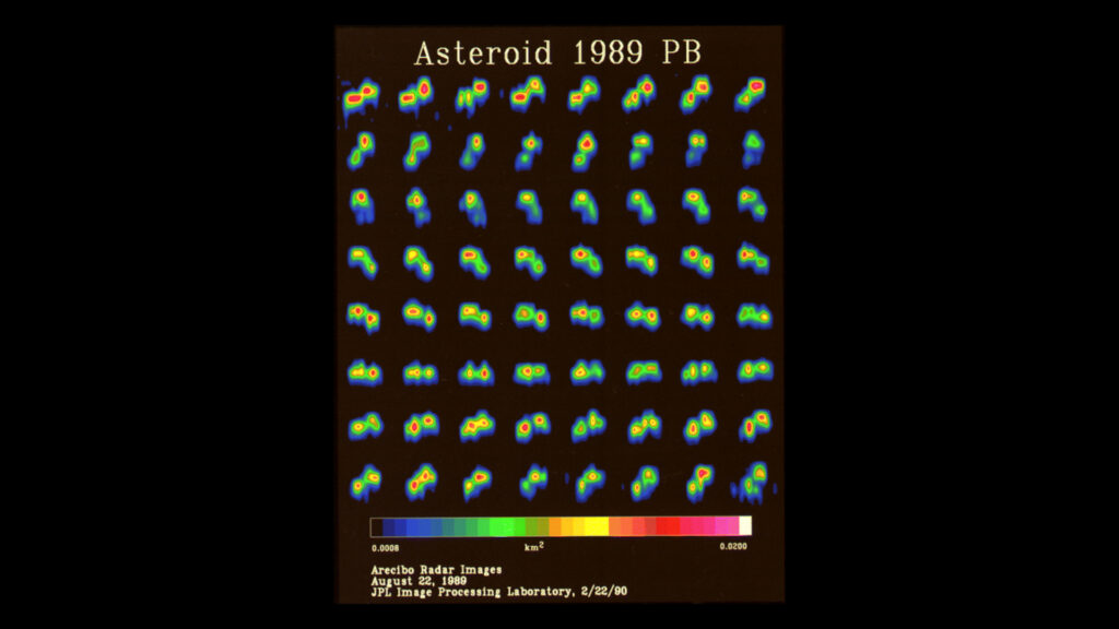 L'astéroïde imagé par le radiotélescope d'Arecibo. // Source : Ostro et al. (1990, Science 248, 1523-1528)