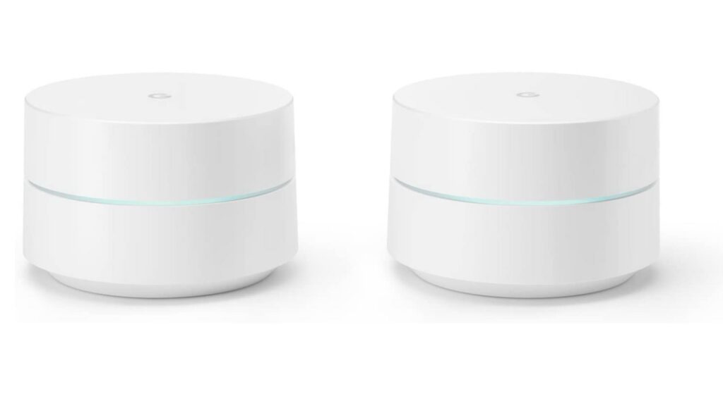 Un pack de 2 routeurs Google WiFi. Un pack de 2 routeurs Google WiFi.