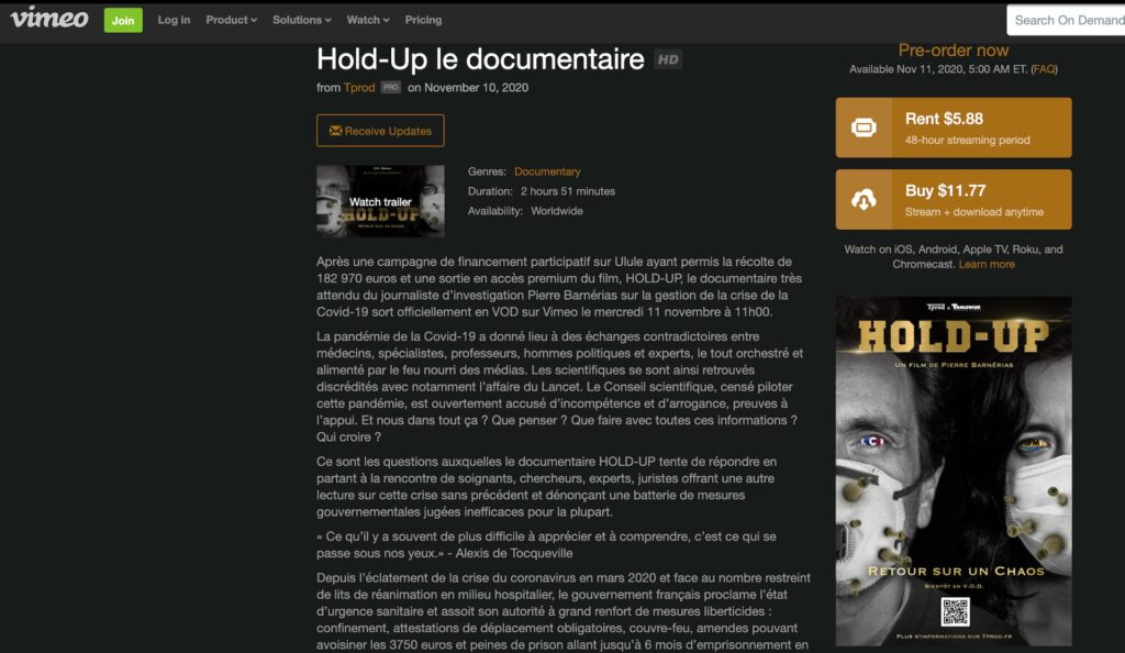 L'ancienne page de Hold Up sur Vimeo, depuis retirée // Source : Cache