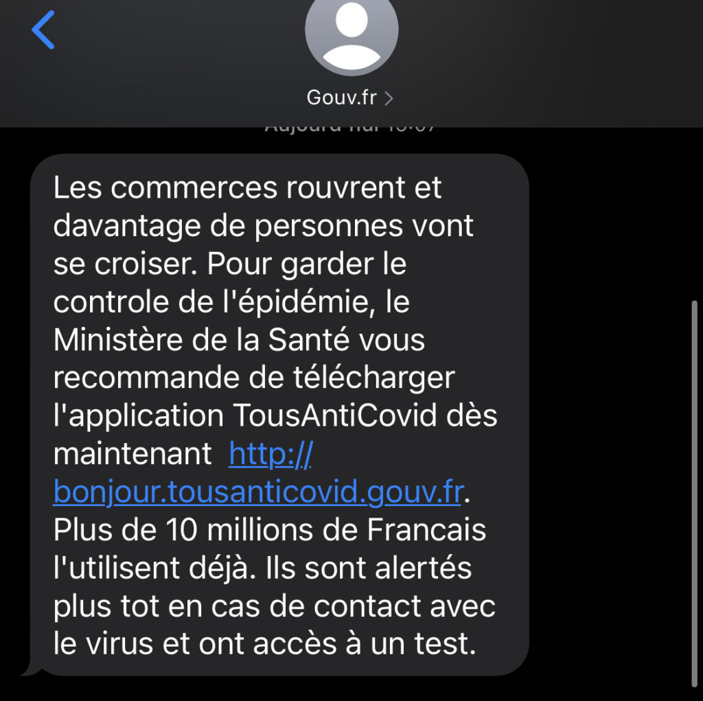 Le SMS de promotion de TousAntiCovid envoyé par le gouvernement // Source : Capture Numerama
