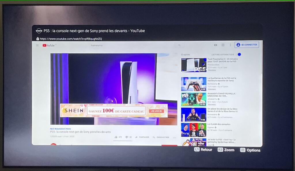 YouTube sur le navigateur web de la PS5 // Source : Maxime Claudel pour Numerama