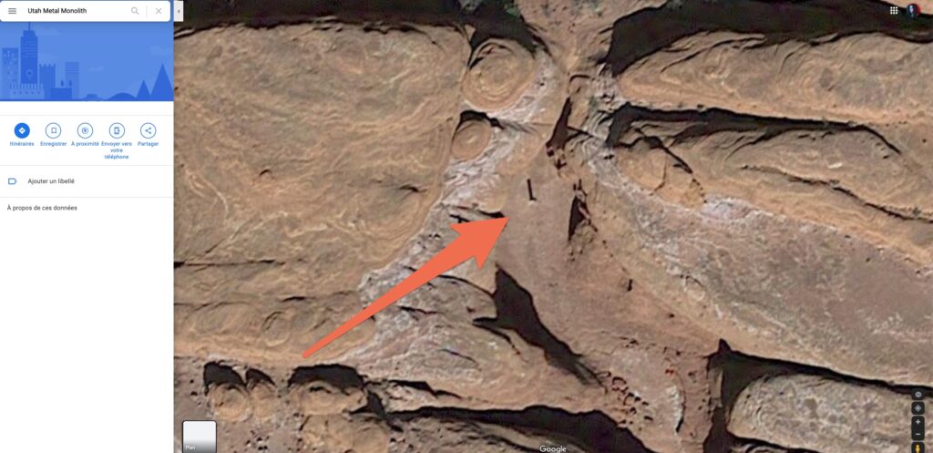 Une capture du monolithe sur Google Maps // Source : Flèche Numerama