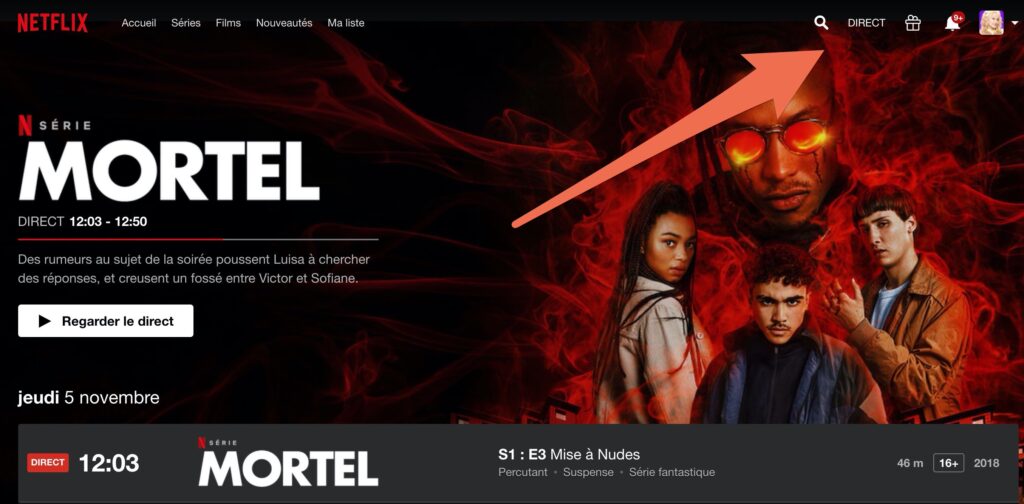 Capture d'écran de la fonction "Direct" sur Netflix France // Source : Capture Numerama