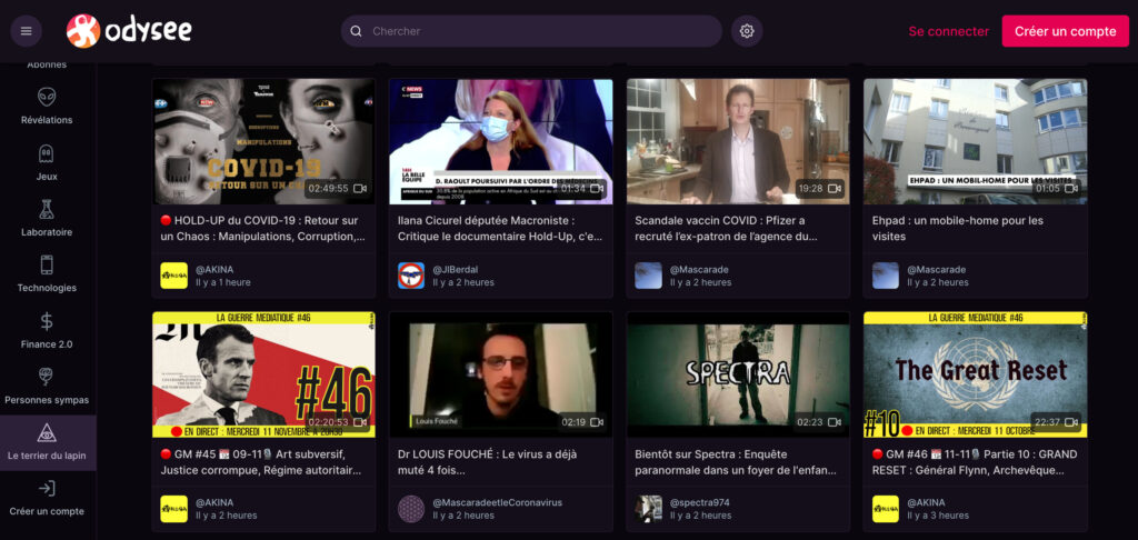 La section « complots » d'Odysee // Source : Odysee