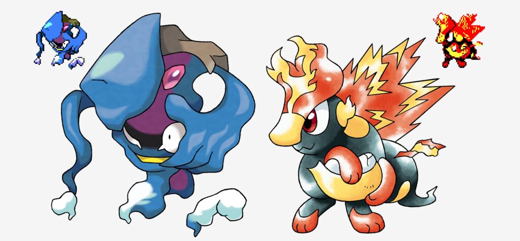 Deux Pokémon créent par la version modifiée de GPT-2, et redessinés par Rachel Briggs. // Source : Rachel Briggs, Matthew Rayfield