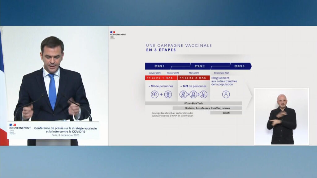 Olivier Véran présentant la stratégie vaccinale // Source : Capture d'écran Numerama