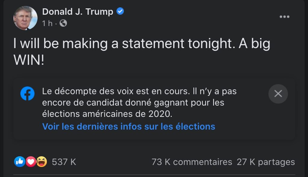 Capture d'écran des posts Facebook de Donald Trump le 4 novembre 2020 Capture d'écran des posts Facebook de Donald Trump le 4 novembre 2020