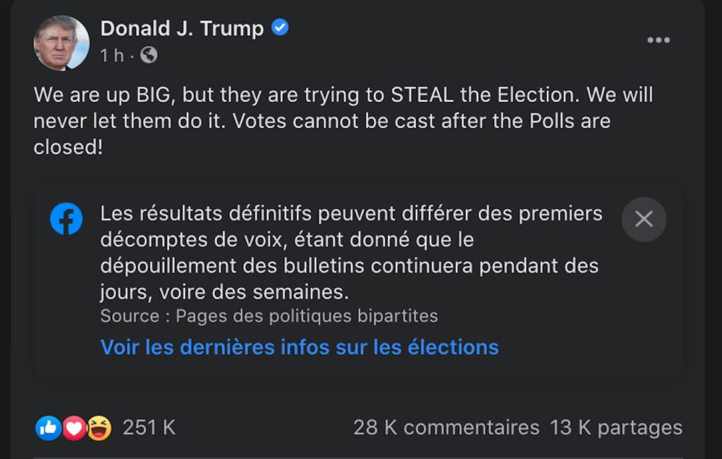 Capture d'écran des posts Facebook de Donald Trump le 4 novembre 2020 Capture d'écran des posts Facebook de Donald Trump le 4 novembre 2020