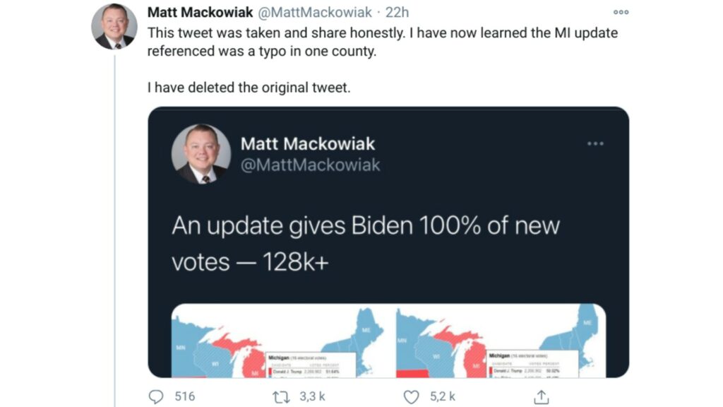 Dans un second tweet, Matt Mackowiak met une copie d'écran du premier, qu'il a supprimé, en admettant son erreur et en s'excusant.