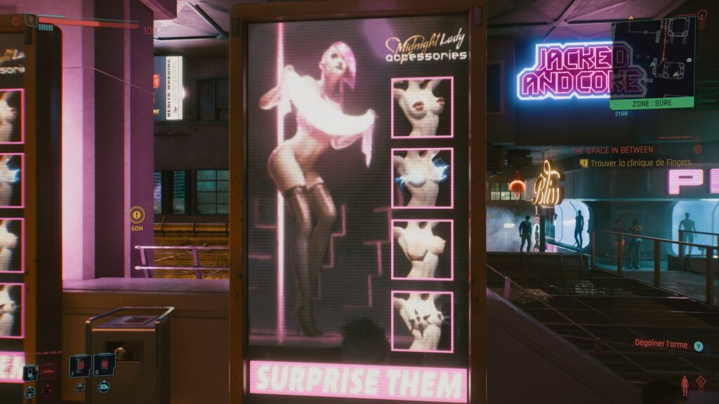 Publicité pour des accessoires pour tétons dans Cyberpunk 2077 // Source : Capture d'écran Xbox Publicité pour des accessoires pour tétons dans Cyberpunk 2077 // Source : Capture d'écran Xbox