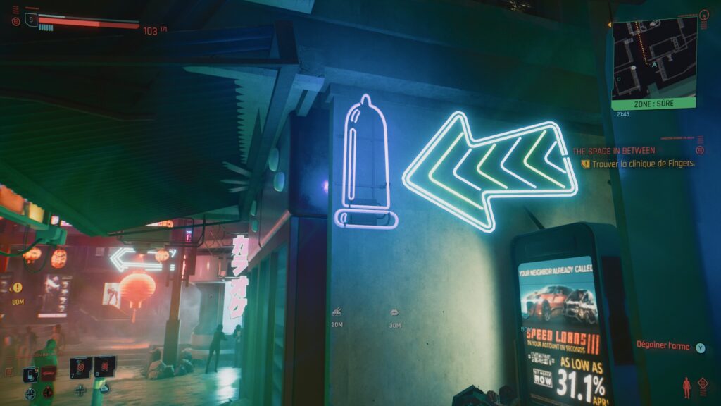 Un néon en forme de capote dans Cyberpunk 2077 // Source : Capture d'écran Xbox Un néon en forme de capote dans Cyberpunk 2077 // Source : Capture d'écran Xbox