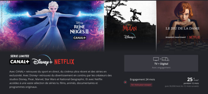 L'offre d'abonnement avec Canal+, Disney+ et Netflix, en série limitée. L'offre d'abonnement avec Canal+, Disney+ et Netflix, en série limitée.