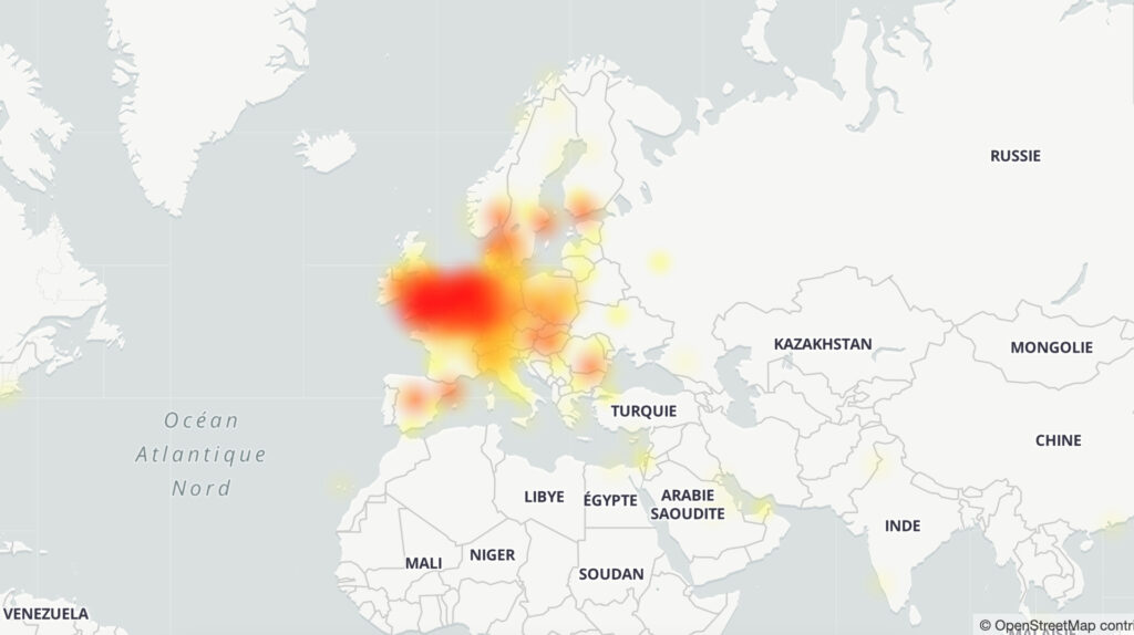 La carte des pannes de Spotify en Europe // Source : Downdetector