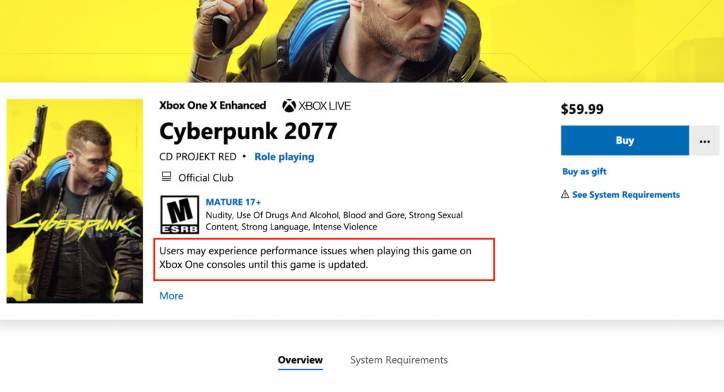 Cyberpunk 2077 sur le Microsoft Store // Source : Capture d'écran Cyberpunk 2077 sur le Microsoft Store // Source : Capture d'écran