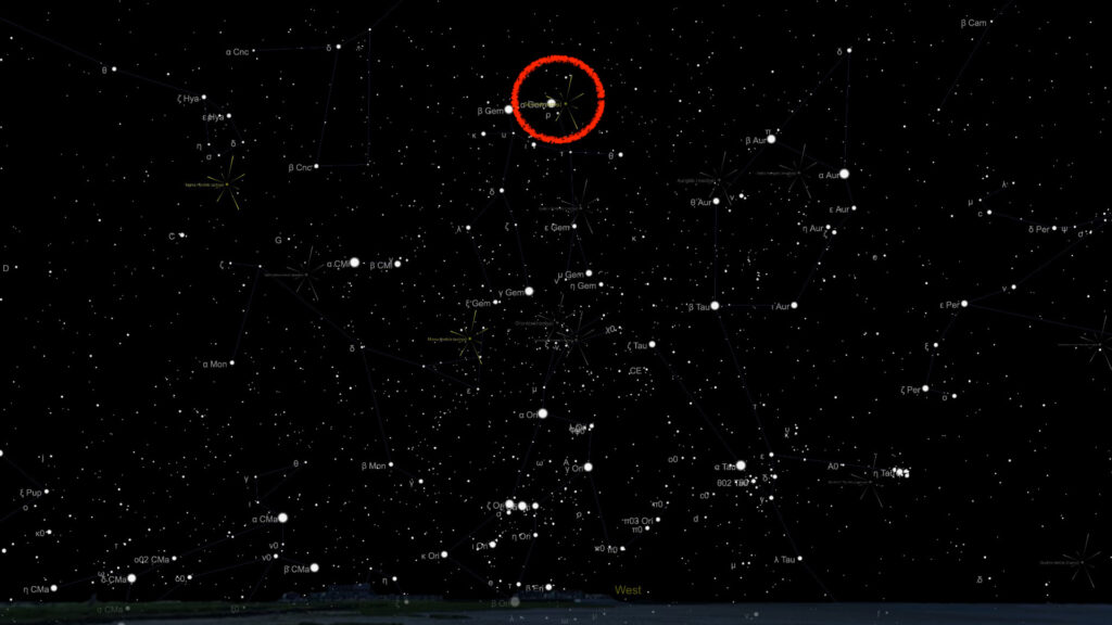 Radiant from the Geminids on December 14, 2021 at 6 a.m.  // Source: The Sky Live screenshot, Numerama annotation
