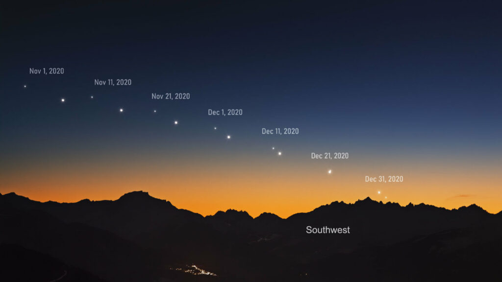 Positions de Saturne et Jupiter à différentes dates. // Source : Via APOD/Sebastian Voltmer (photo recadrée)