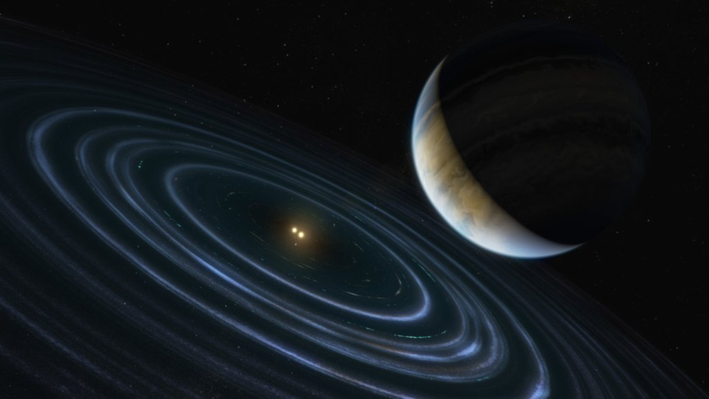 Vue d'artiste de l'exoplanète HD 106906 b. // Source : NASA, ESA, and M. Kornmesser (ESA/Hubble)
