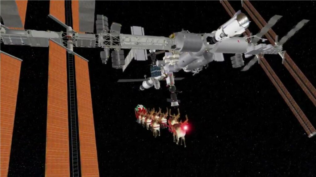 Le traîneau du Père Noël passant à côté de l'ISS. // Source : Nasa