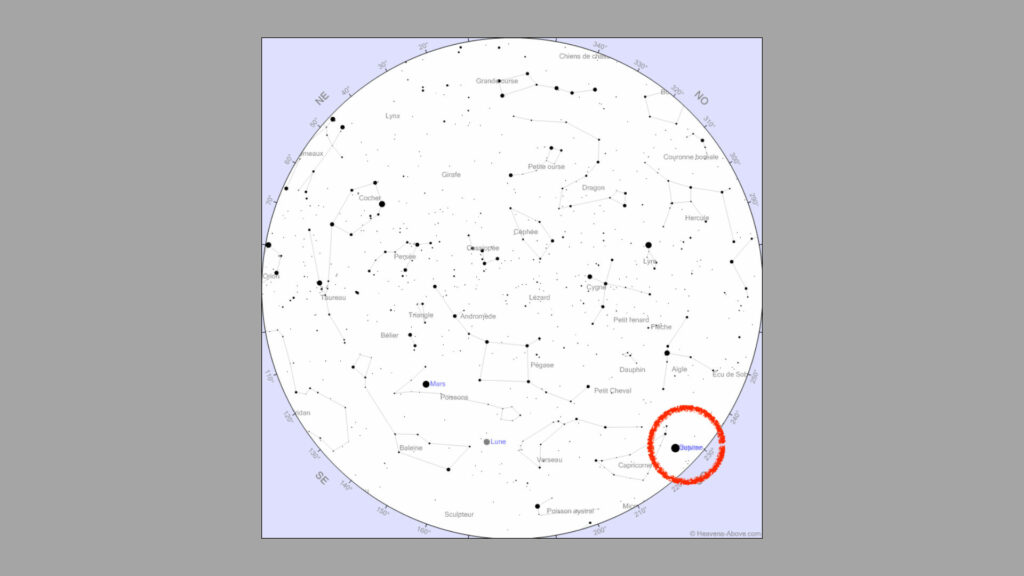 Carte du ciel vu de Paris le 21 décembre 2020 à 18h15. Jupiter et Saturne sont si proches qu'on ne les distingue pas sur la carte. // Source : Capture d'écran Heavens-Above, annotation Numerama