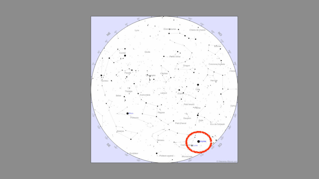 Carte du ciel vu de Paris à 17h30 le 17 décembre 2020. Jupiter et Saturne commencent à être si proches qu'on les distingue à peine. // Source : Capture d'écran Heavens-Above, annotation Numerama