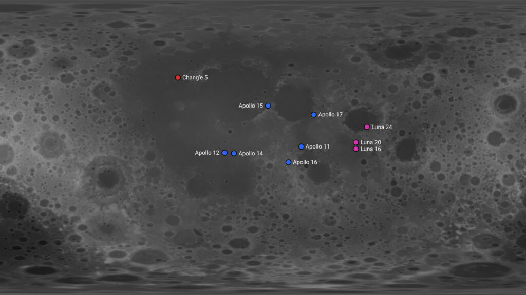 Carte de la Lune. Localisation des missions de retour d'échantillons qui ont été un succès, ainsi que de la mission Chang'e 5 en cours. // Source : Wikimedia/CC/Kaynouky (image recadrée)