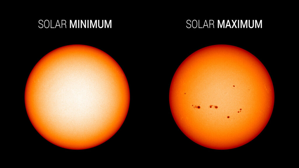Comparaison entre un minimum d'activité solaire (décembre 2019) et un maximum (avril 2014). // Source : NASA's Solar Dynamics Observatory/Joy Ng