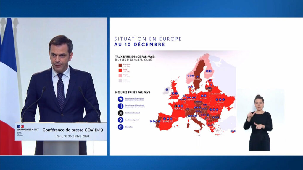 Situation en Europe au 10 décembre, présentée par Olivier Veran. // Source : Capture d'écran YouTube Gouvernement