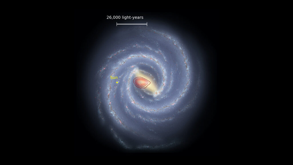 Représentation de la Voie lactée. En rouge : position du fossile de la galaxie Héraclès. En jaune : le Soleil. // Source : Danny Horta-Darrington (Liverpool John Moores University), NASA/JPL-Caltech, and the SDSS (image modifiée)