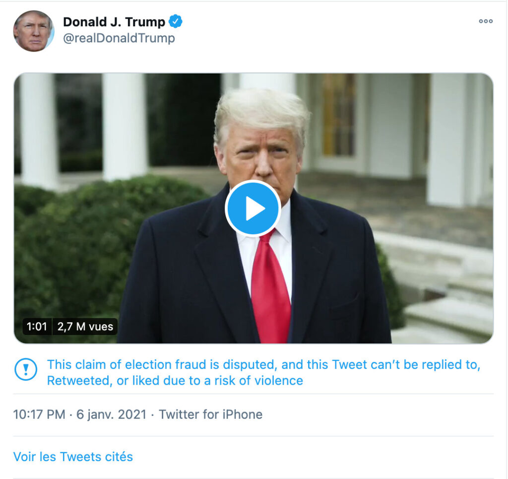 Invasion du Capitole : Twitter bride des tweets de Trump à cause d&rsquo;un « risque de violence »