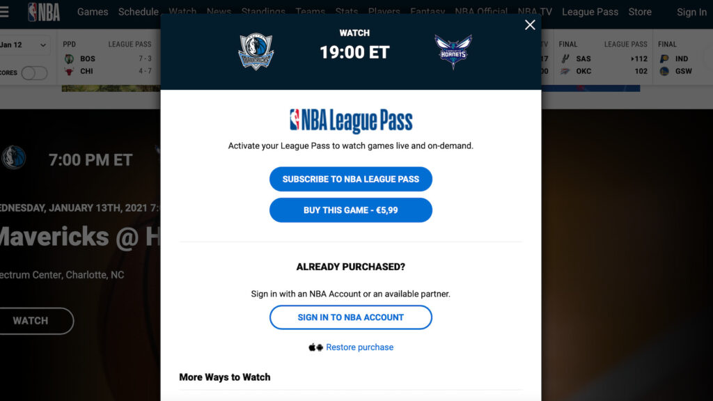 Le pay-per-view du NBA League Pass