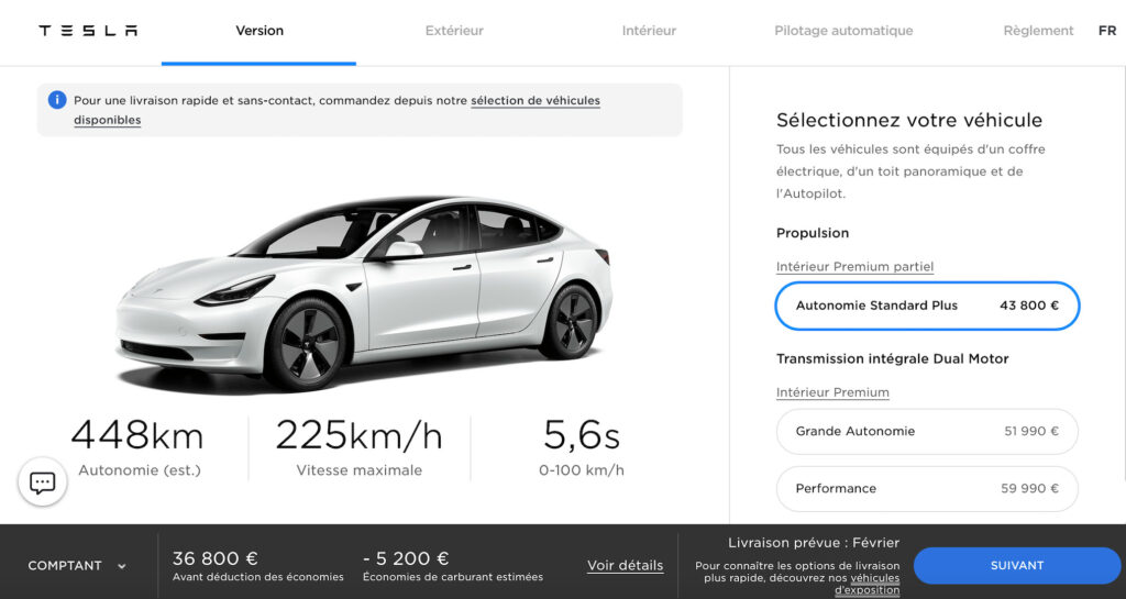Nouveaux prix pour la Tesla Model 3 // Source : Capture d'écran Tesla