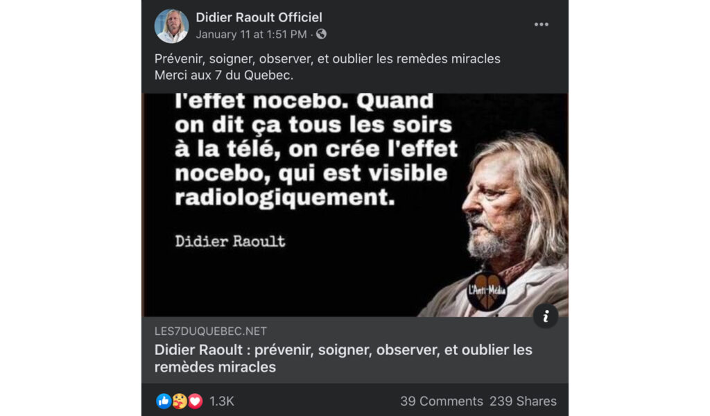 Une publication de la page Facebook « Didier Raoult Officiel », menant vers un site complotiste // Source : Capture d'écran Numerama