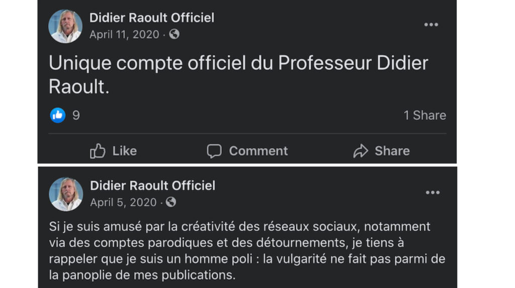 La fausse page facebook de Didier Raoult  // Source : Capture d'écran Numerama