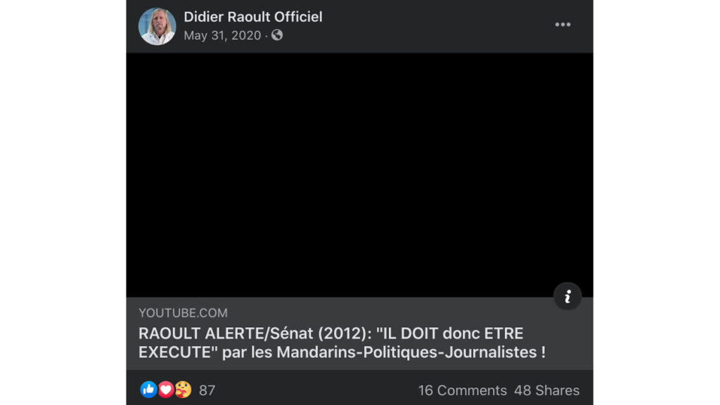 Une publication de la fausse page Facebook de Didier Raoult // Source : Capture d'écran Numerama