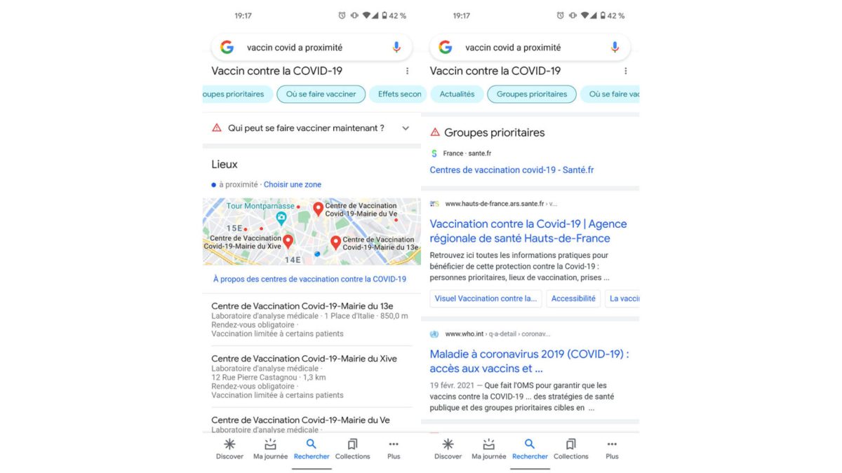 L'interface de Google s'adapte pour renseigner les lieux de vaccination à proximité de son emplacement géographique.