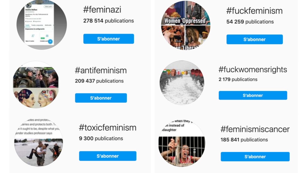 Les hashtags misogynes ne sont pas modérés de la même façon que les hashtags féministes // Source : Capture d'écran Numerama / Instagram