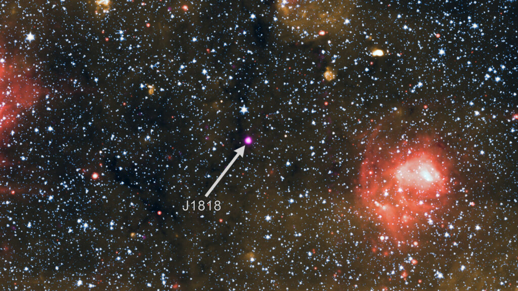 Position du magnétar. // Source : X-ray: NASA/CXC/Univ. of West Virginia/H. Blumer; Infrared (Spitzer and Wise): NASA/JPL-CalTech/Spitzer (image recadrée)