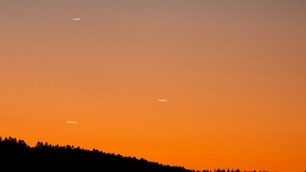 Jupiter, Saturne et Mercure le 10 janvier 2021. // Source : Flickr/CC/Dominique Dierick (photo recadrée)
