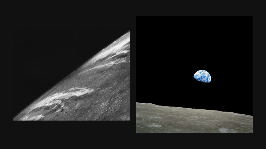 La première photo prise dans l'espace, à gauche. À droite, le « Lever de Terre ». // Source : Wikimedia/Domaine Public/U.S. Army & Nasa (montage Numerama)